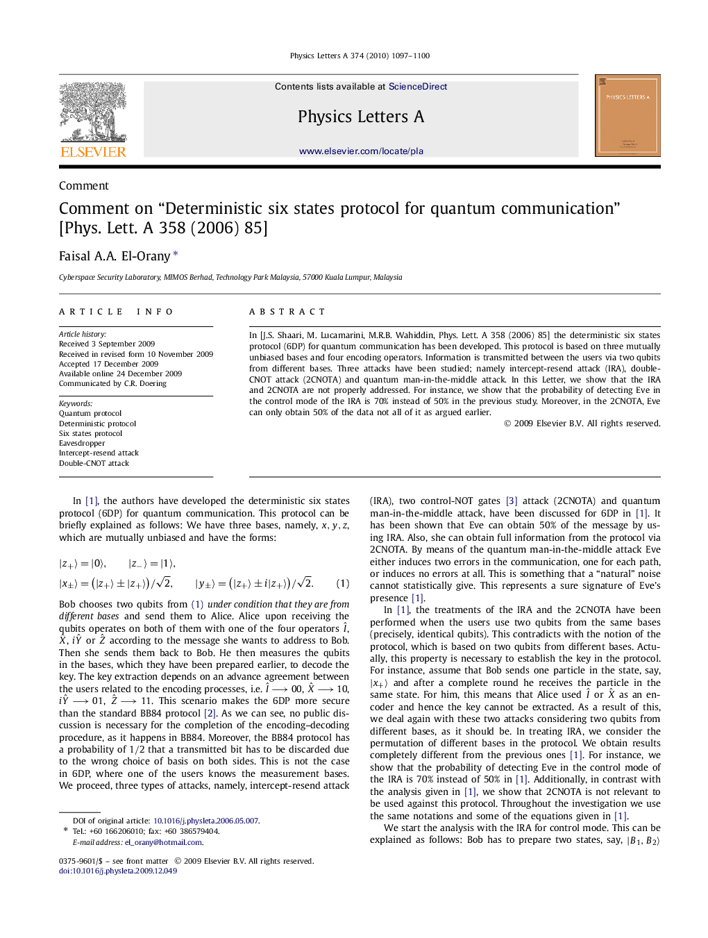 Comment on “Deterministic six states protocol for quantum communication” [Phys. Lett. A 358 (2006) 85]