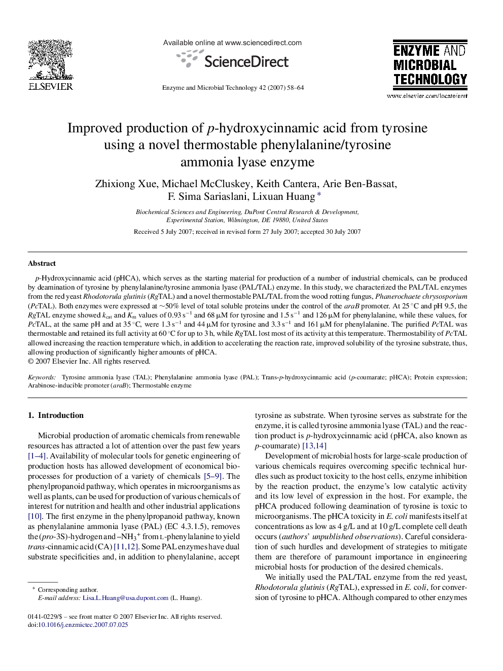 Improved production of p-hydroxycinnamic acid from tyrosine using a novel thermostable phenylalanine/tyrosine ammonia lyase enzyme