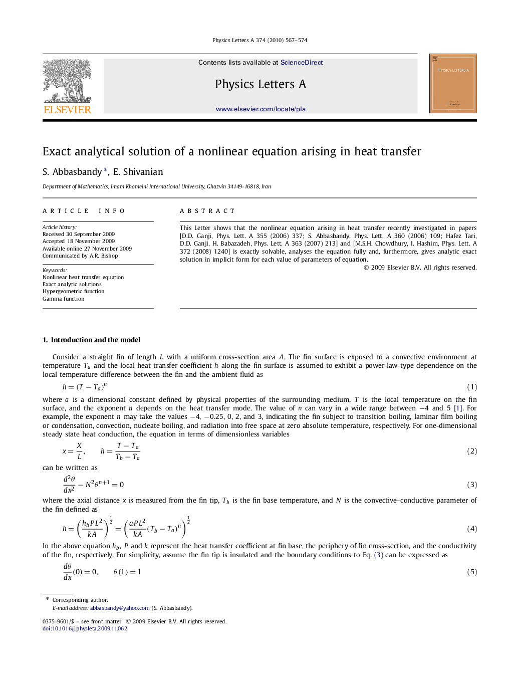 Exact analytical solution of a nonlinear equation arising in heat transfer