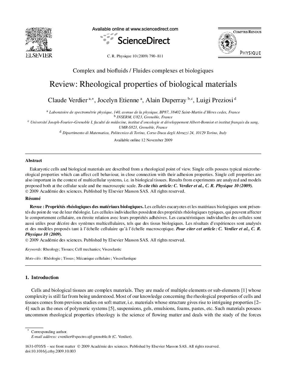Review: Rheological properties of biological materials
