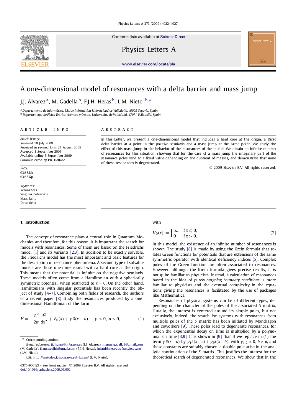 A one-dimensional model of resonances with a delta barrier and mass jump