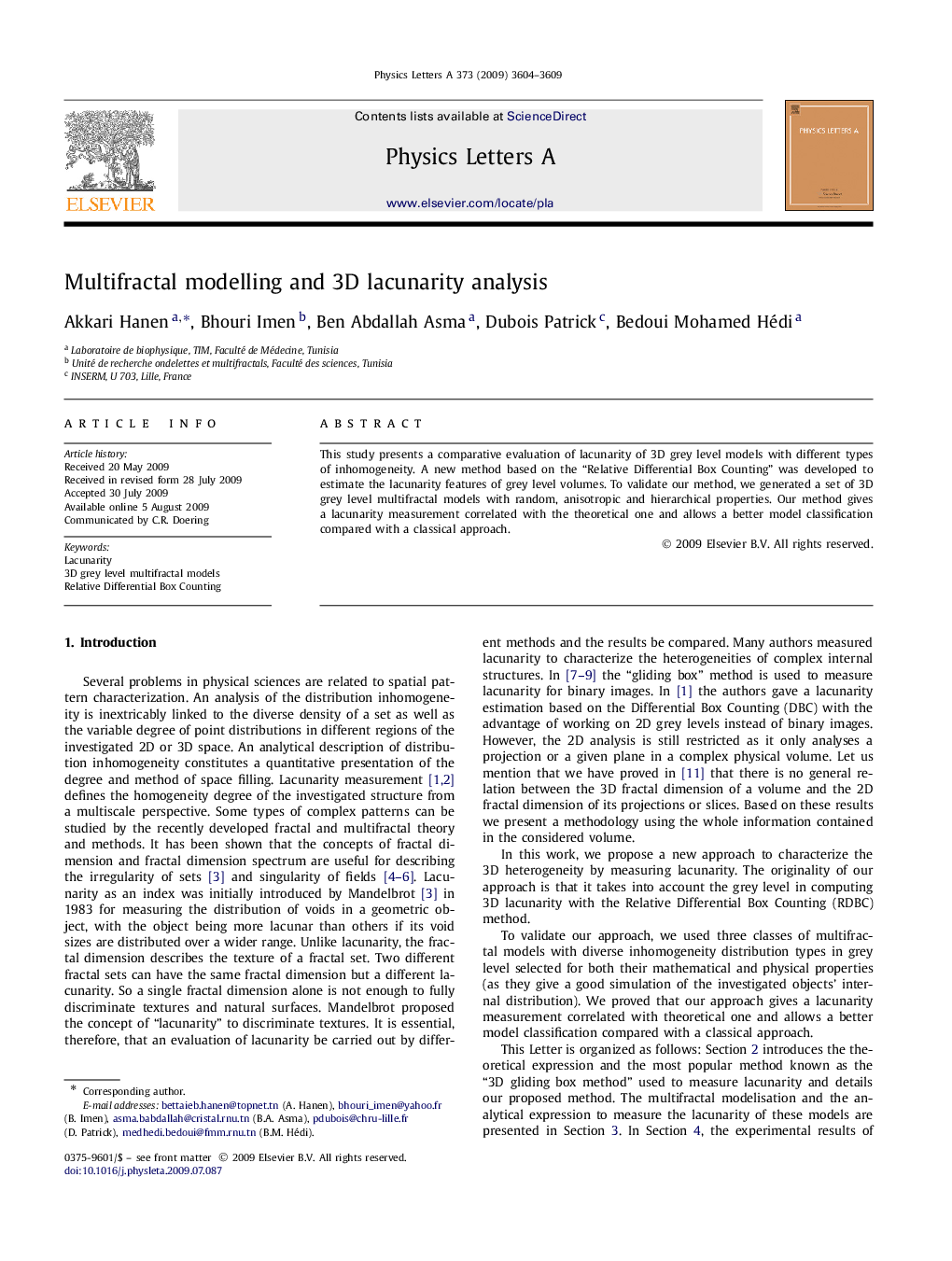 Multifractal modelling and 3D lacunarity analysis