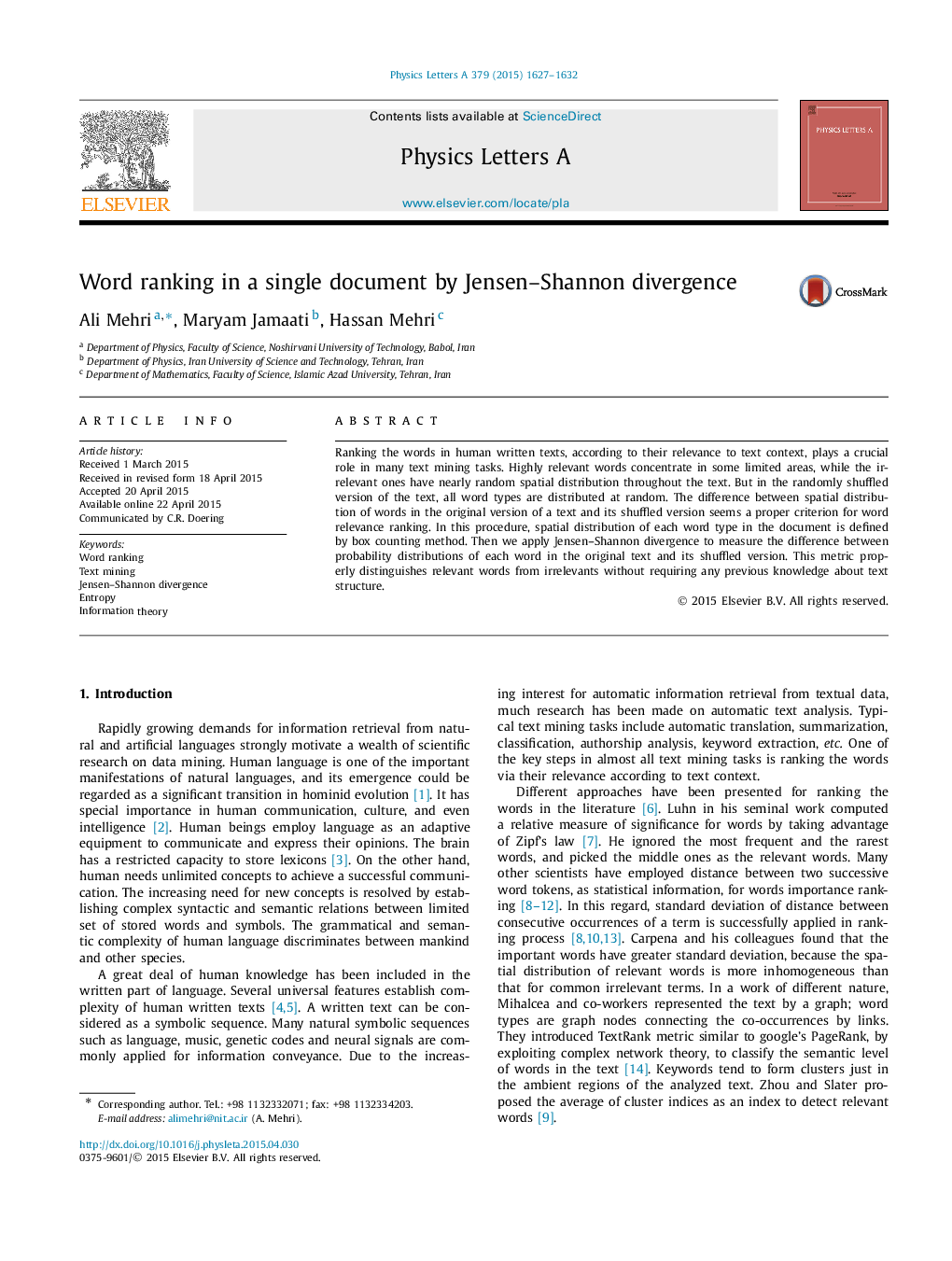 Word ranking in a single document by Jensen–Shannon divergence