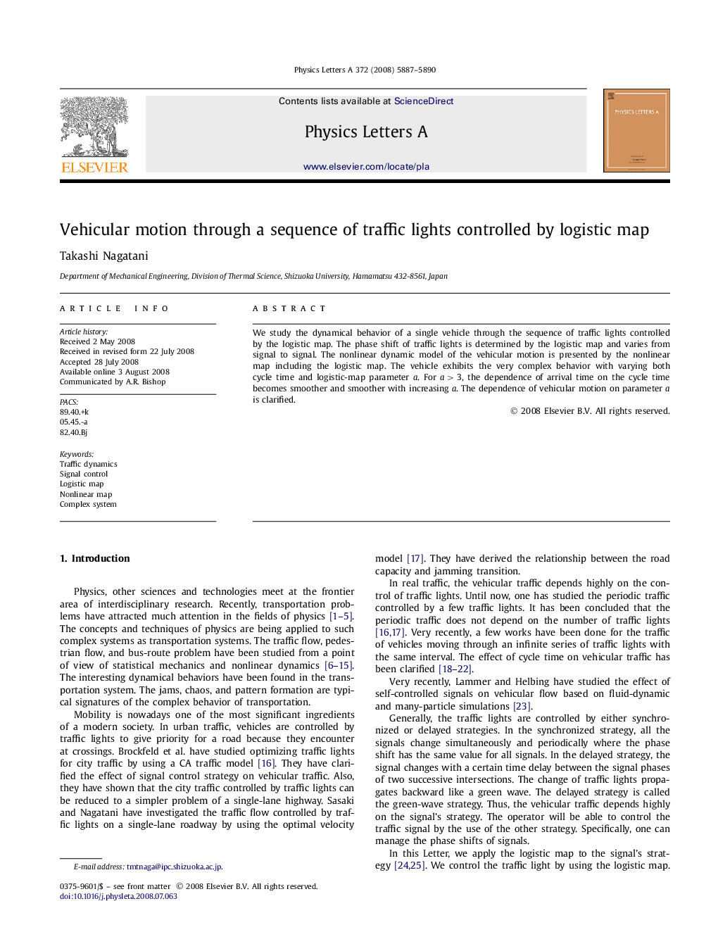 Vehicular motion through a sequence of traffic lights controlled by logistic map