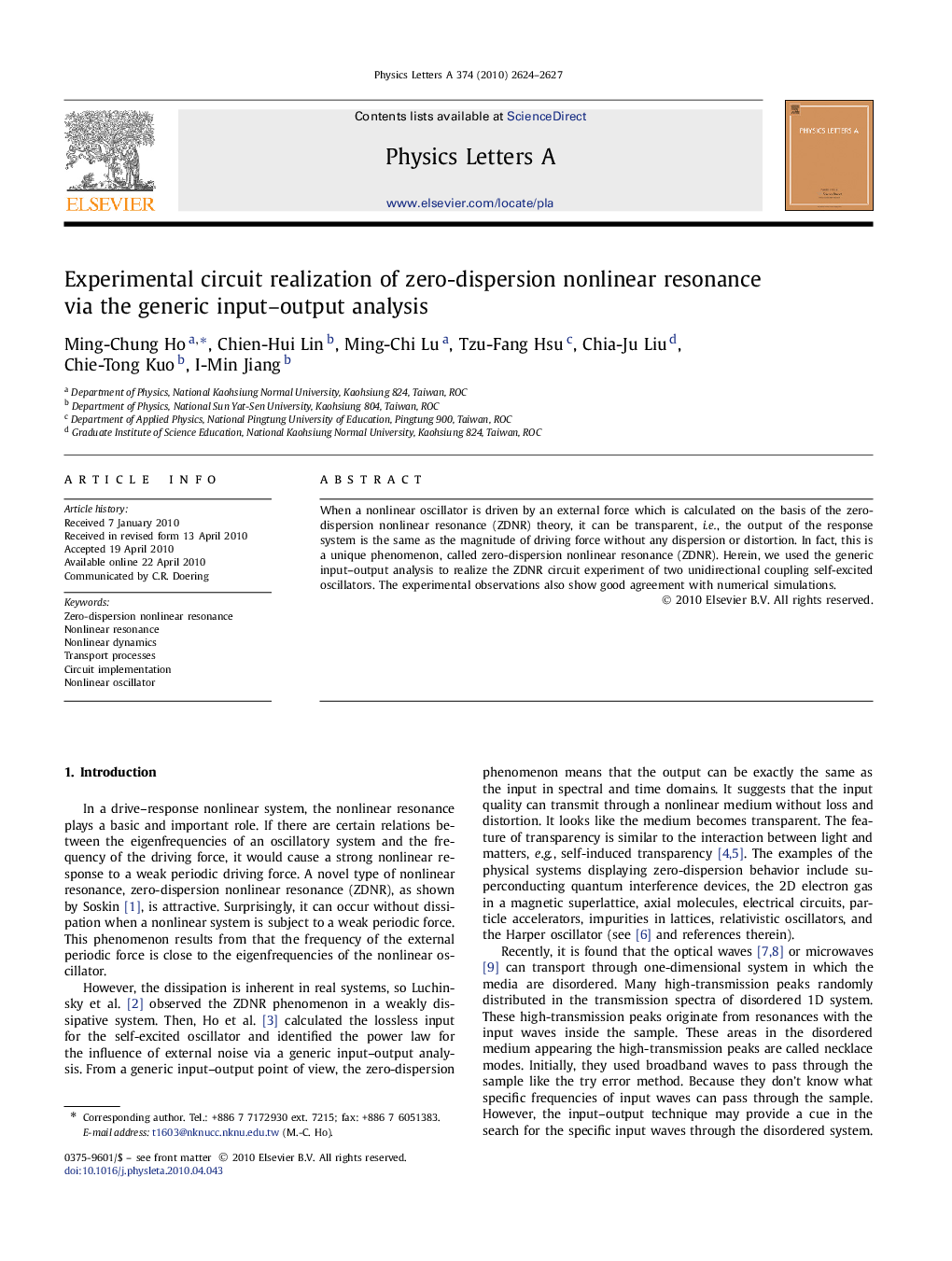 Experimental circuit realization of zero-dispersion nonlinear resonance via the generic input–output analysis