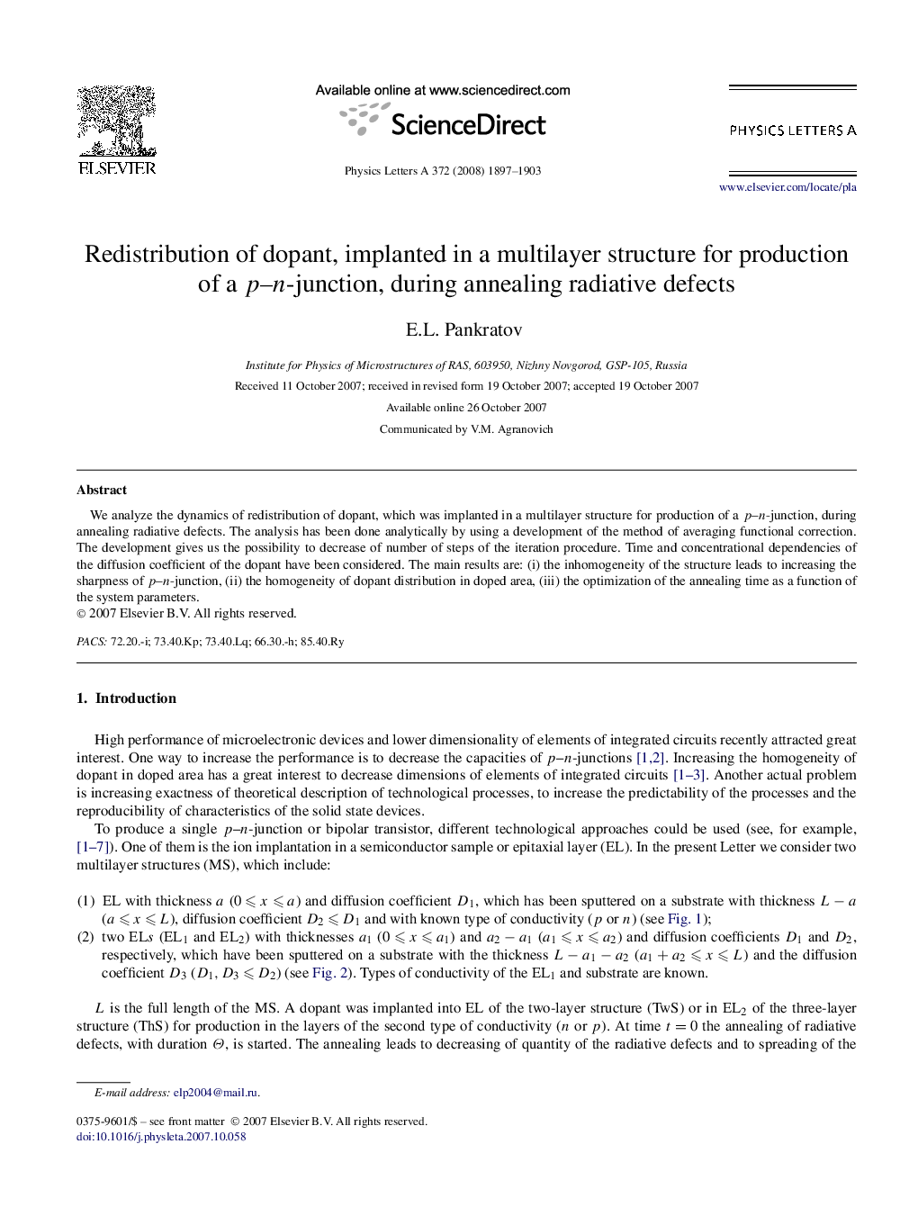 Redistribution of dopant, implanted in a multilayer structure for production of a p-n-junction, during annealing radiative defects