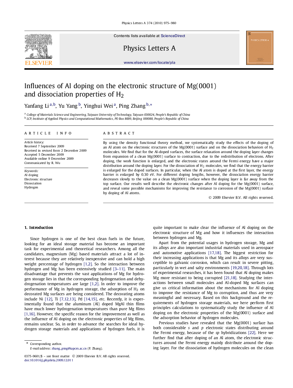 Influences of Al doping on the electronic structure of Mg(0001) and dissociation properties of H2