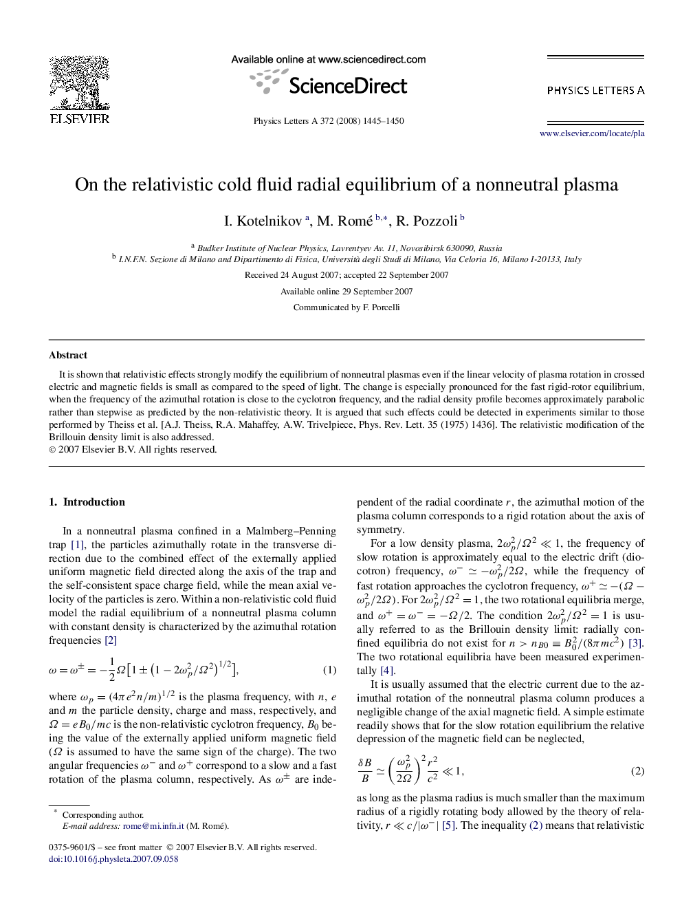 On the relativistic cold fluid radial equilibrium of a nonneutral plasma