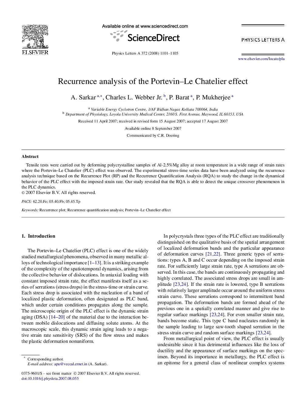 Recurrence analysis of the Portevin–Le Chatelier effect