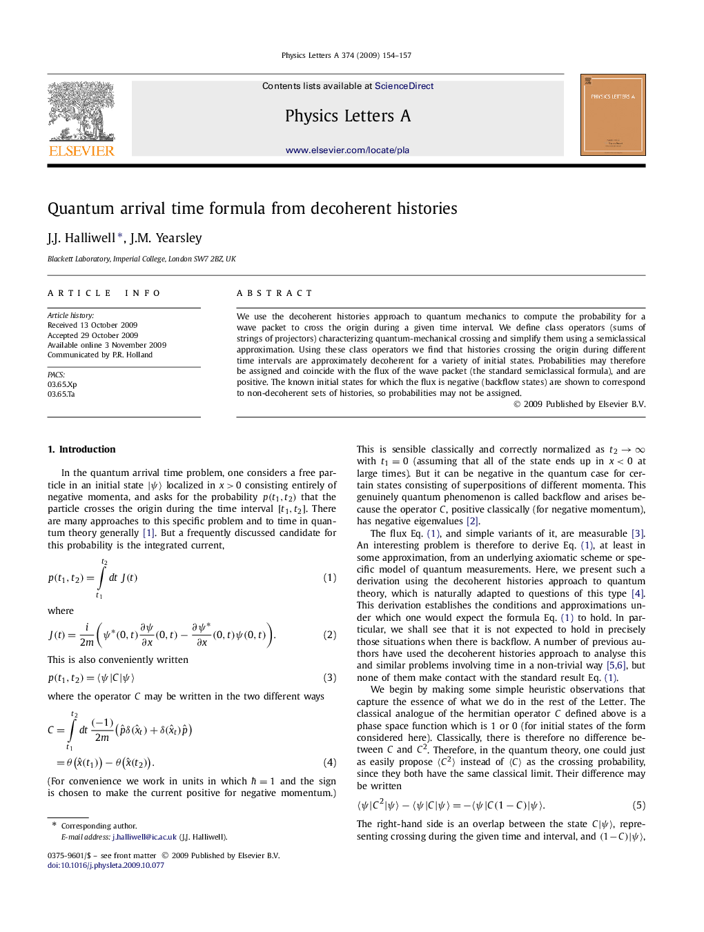 Quantum arrival time formula from decoherent histories