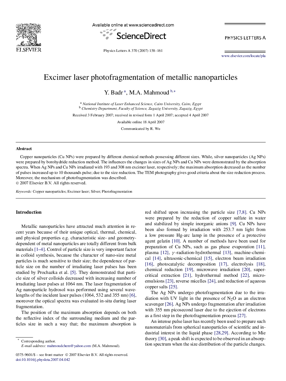 Excimer laser photofragmentation of metallic nanoparticles