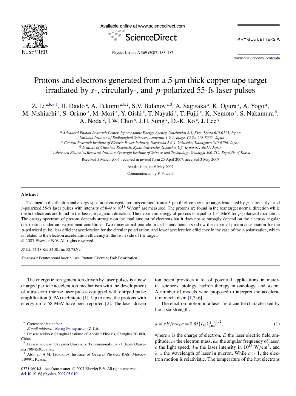 Protons and electrons generated from a 5-Î¼m thick copper tape target irradiated by s-, circularly-, and p-polarized 55-fs laser pulses