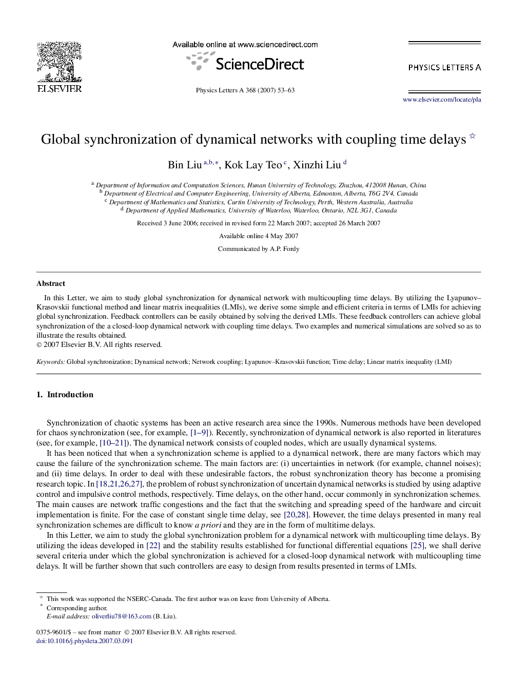 Global synchronization of dynamical networks with coupling time delays