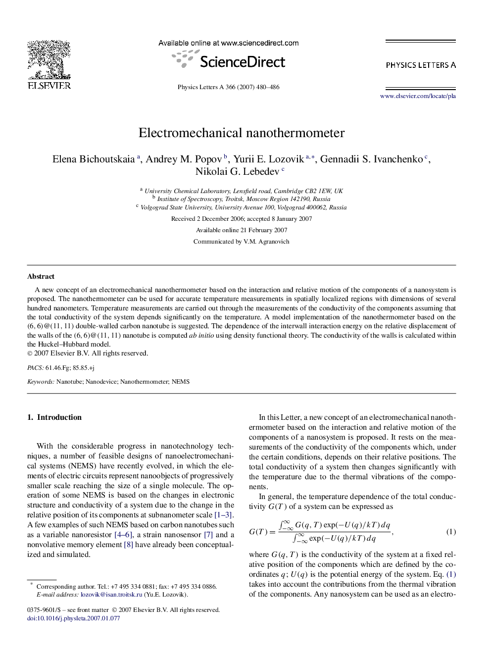 Electromechanical nanothermometer