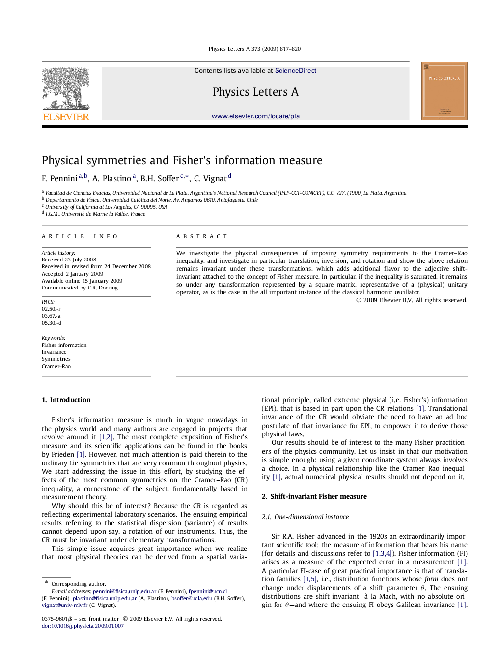 Physical symmetries and Fisher's information measure