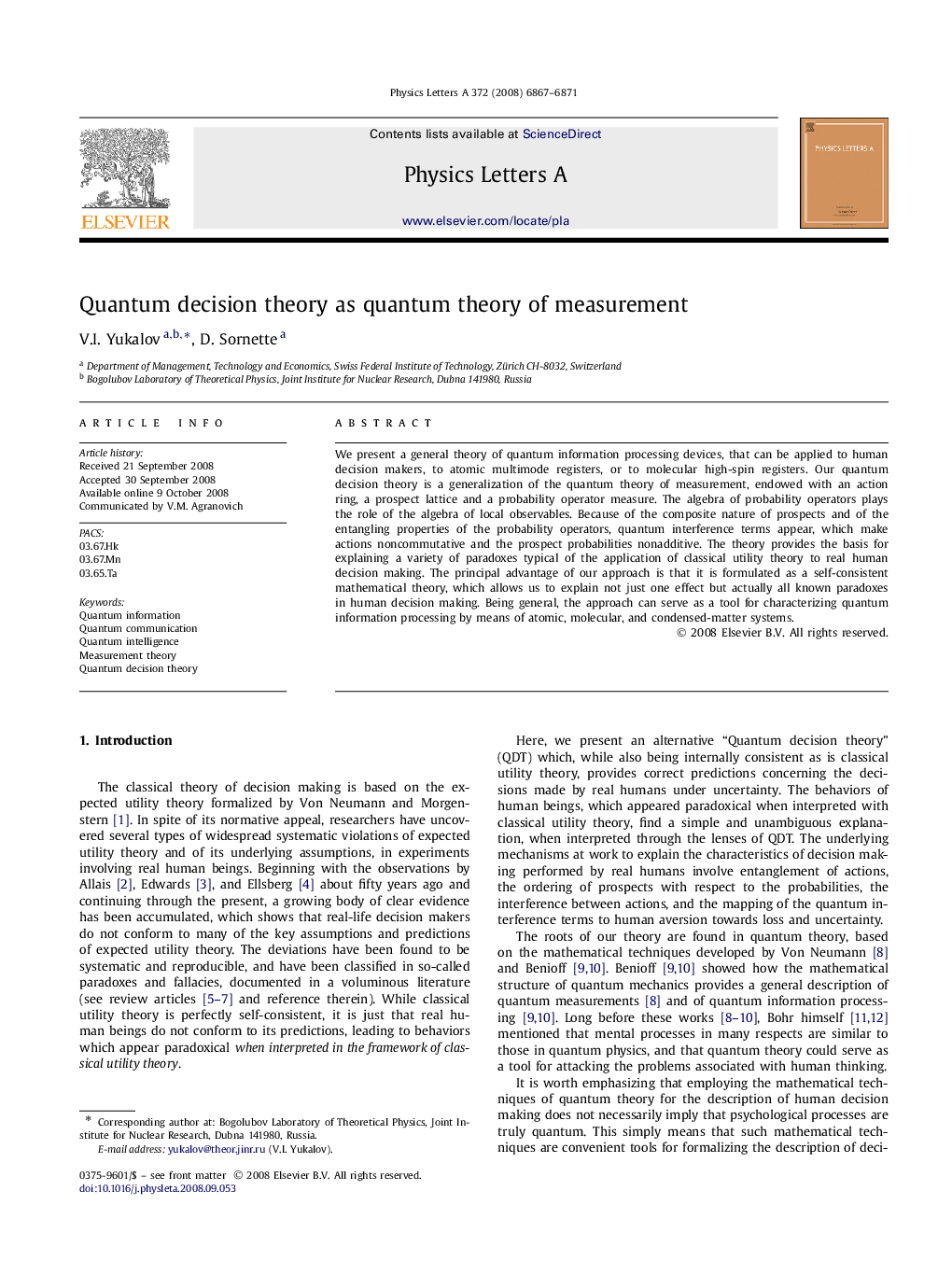 Quantum decision theory as quantum theory of measurement