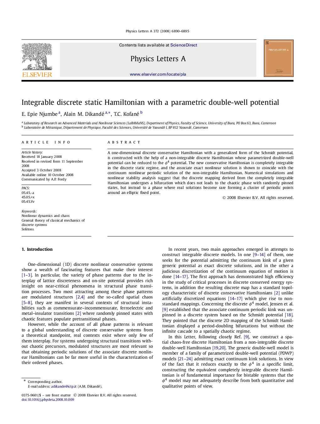 Integrable discrete static Hamiltonian with a parametric double-well potential