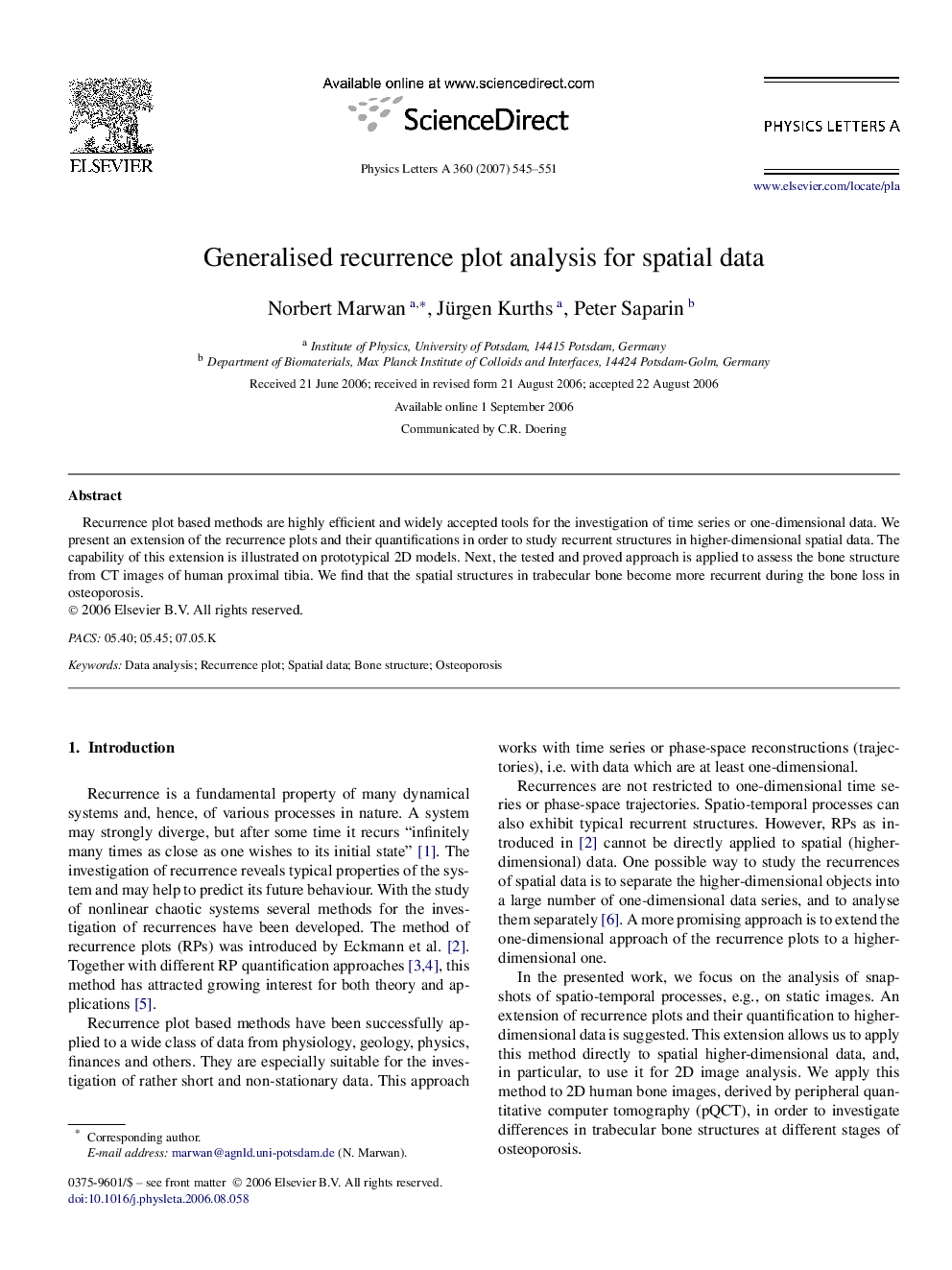 Generalised recurrence plot analysis for spatial data