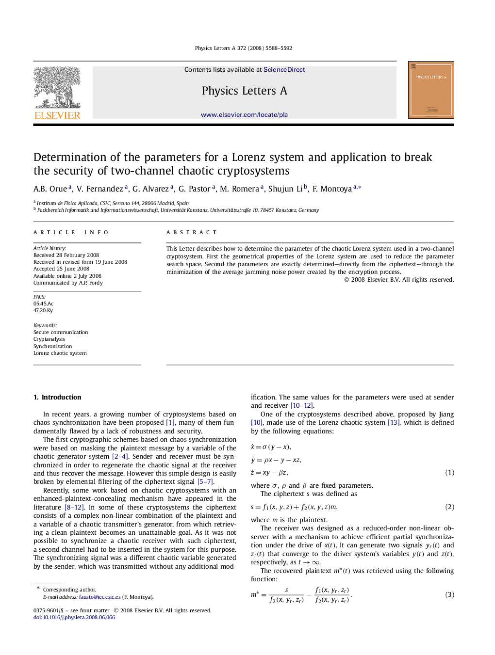 Determination of the parameters for a Lorenz system and application to break the security of two-channel chaotic cryptosystems