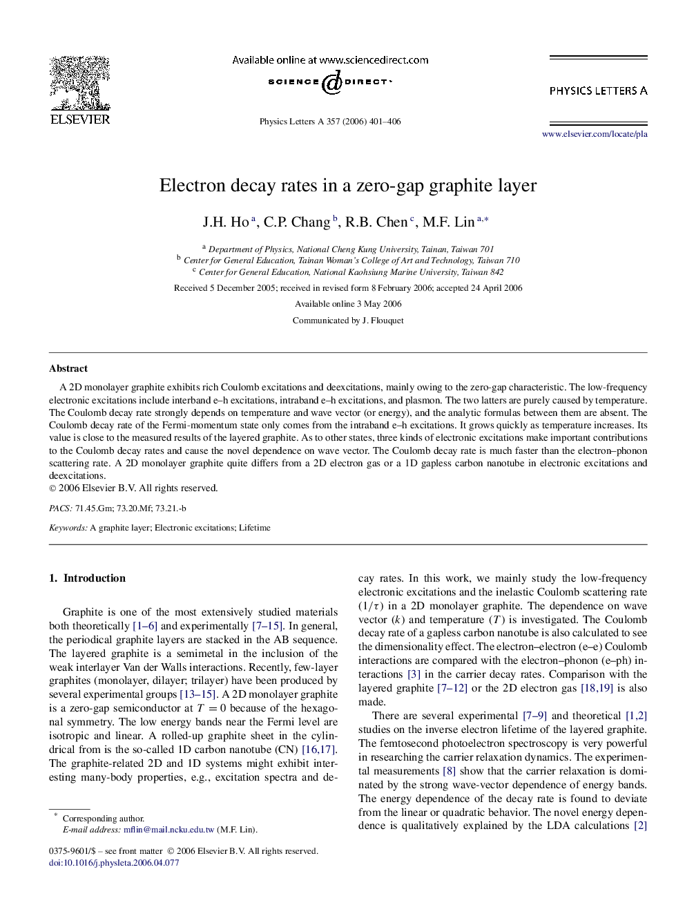 Electron decay rates in a zero-gap graphite layer