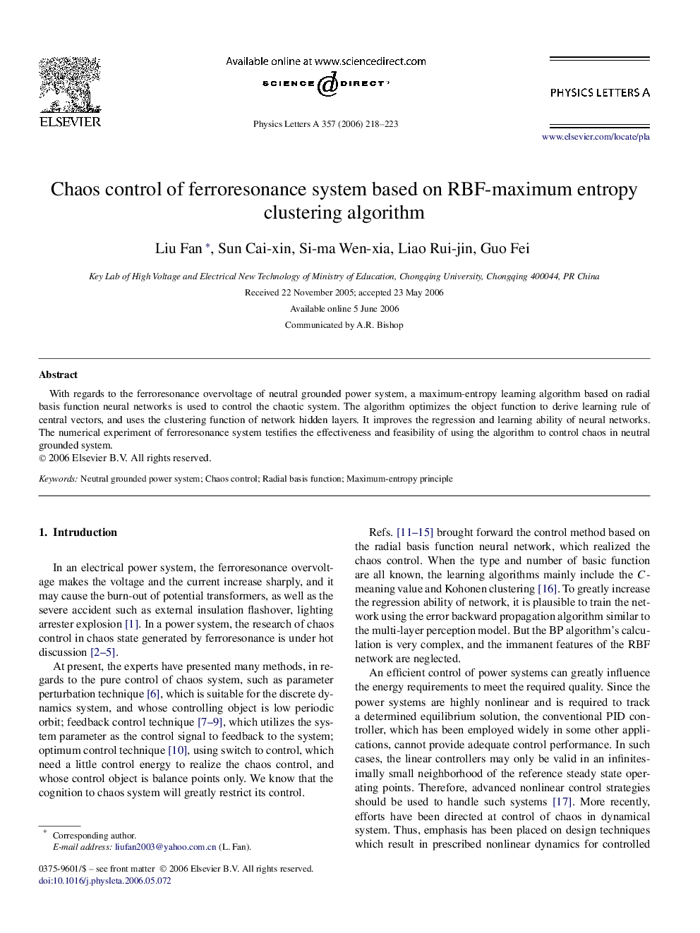 Chaos control of ferroresonance system based on RBF-maximum entropy clustering algorithm