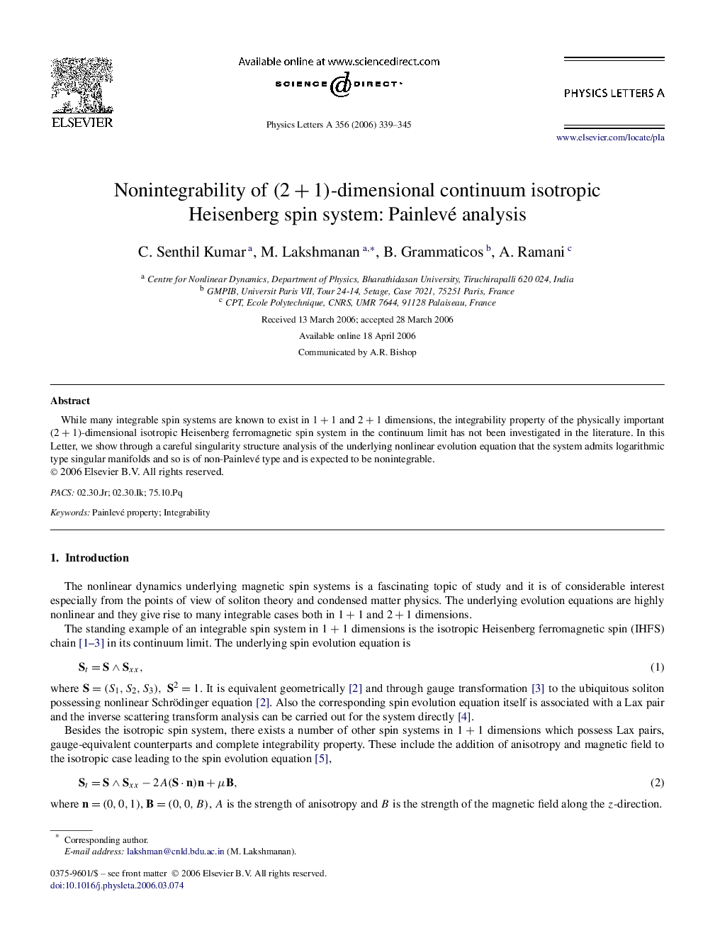 Nonintegrability of (2+1)(2+1)-dimensional continuum isotropic Heisenberg spin system: Painlevé analysis