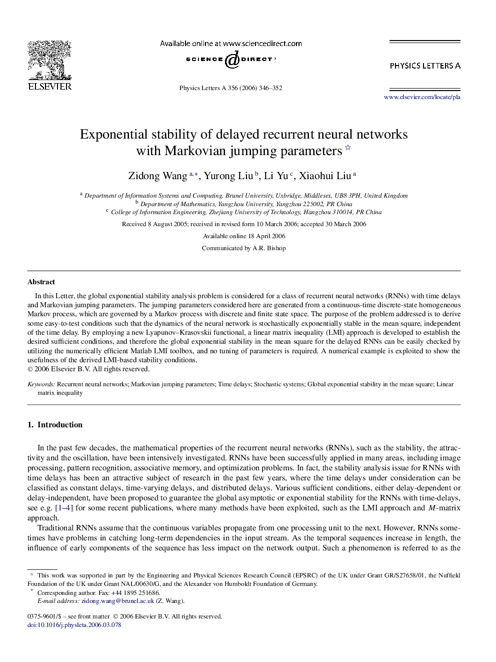 Exponential stability of delayed recurrent neural networks with Markovian jumping parameters 