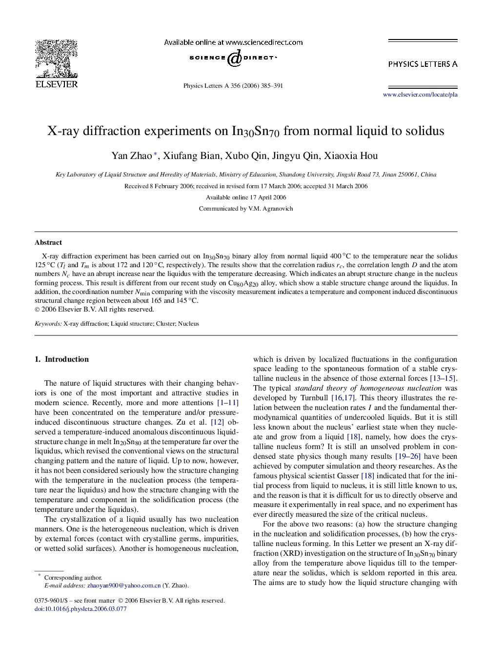 X-ray diffraction experiments on In30Sn70 from normal liquid to solidus