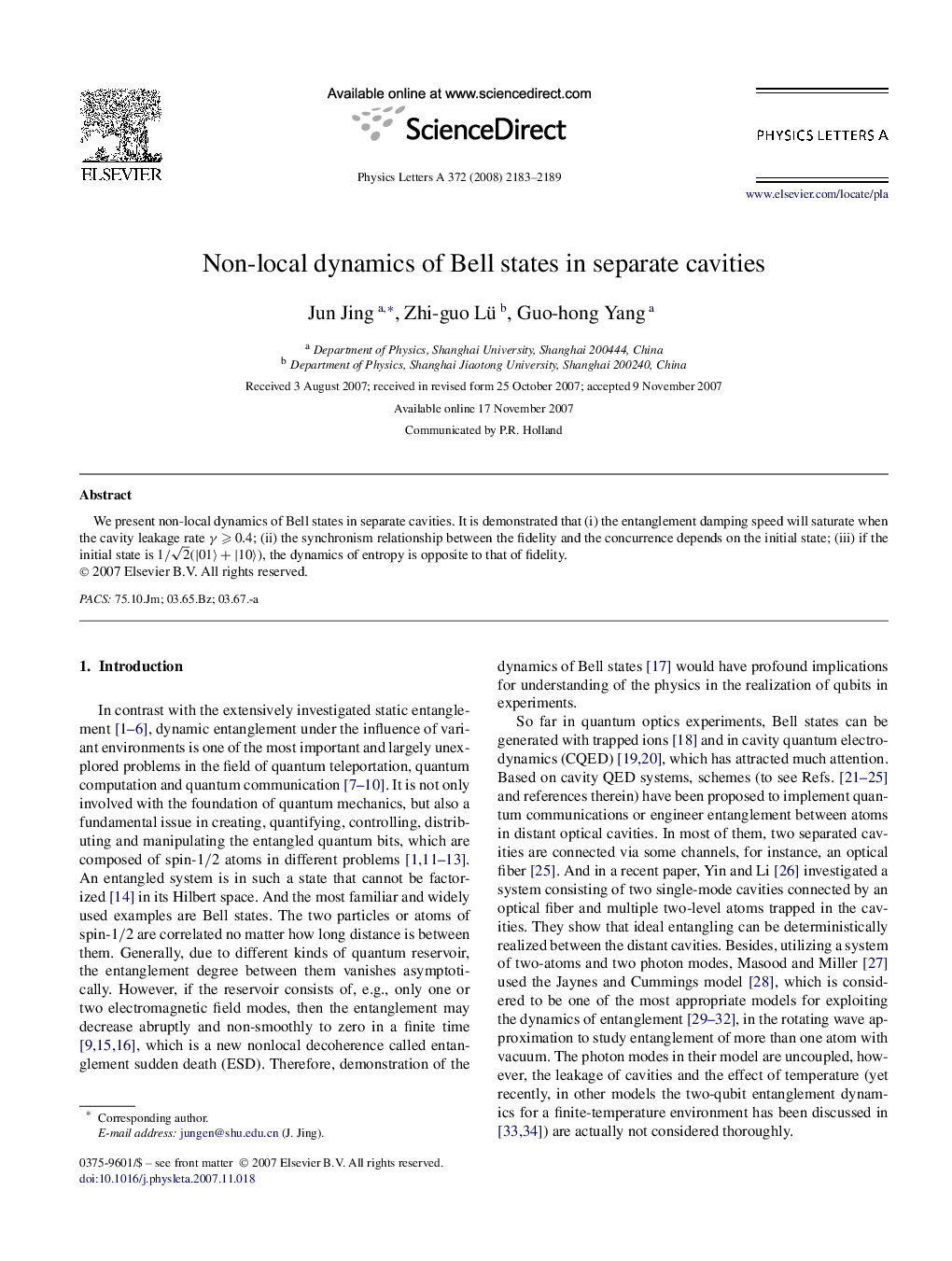 Non-local dynamics of Bell states in separate cavities