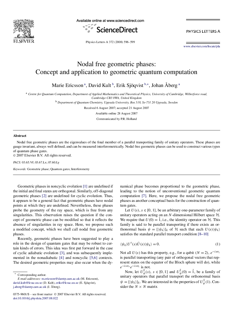 Nodal free geometric phases: Concept and application to geometric quantum computation