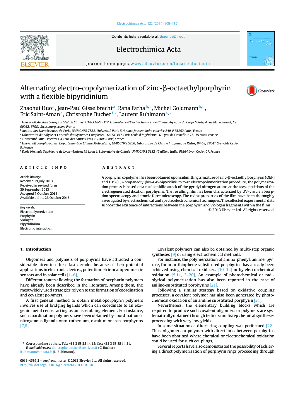 Alternating electro-copolymerization of zinc-β-octaethylporphyrin with a flexible bipyridinium