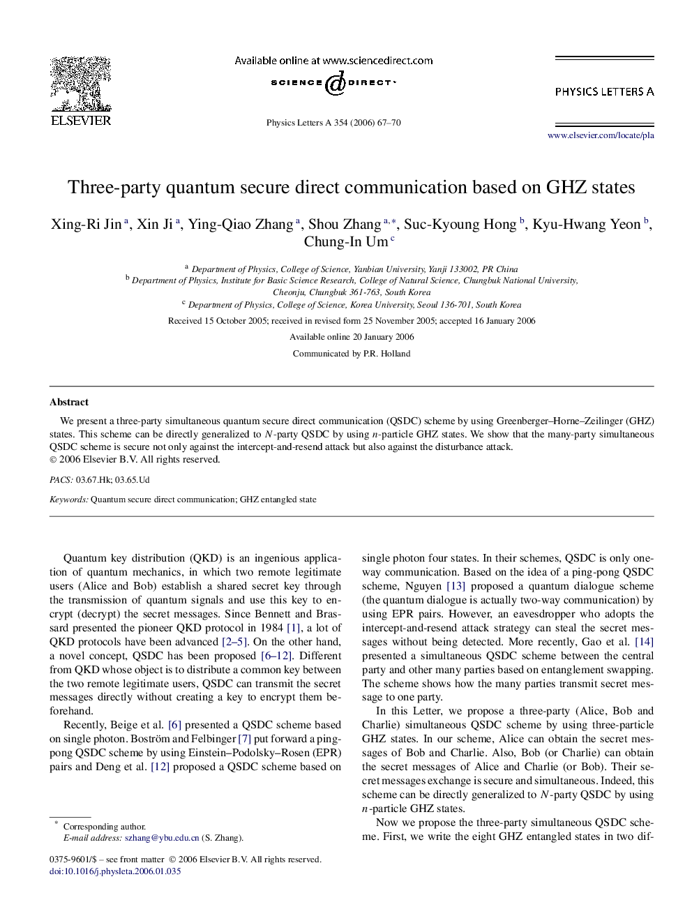 Three-party quantum secure direct communication based on GHZ states