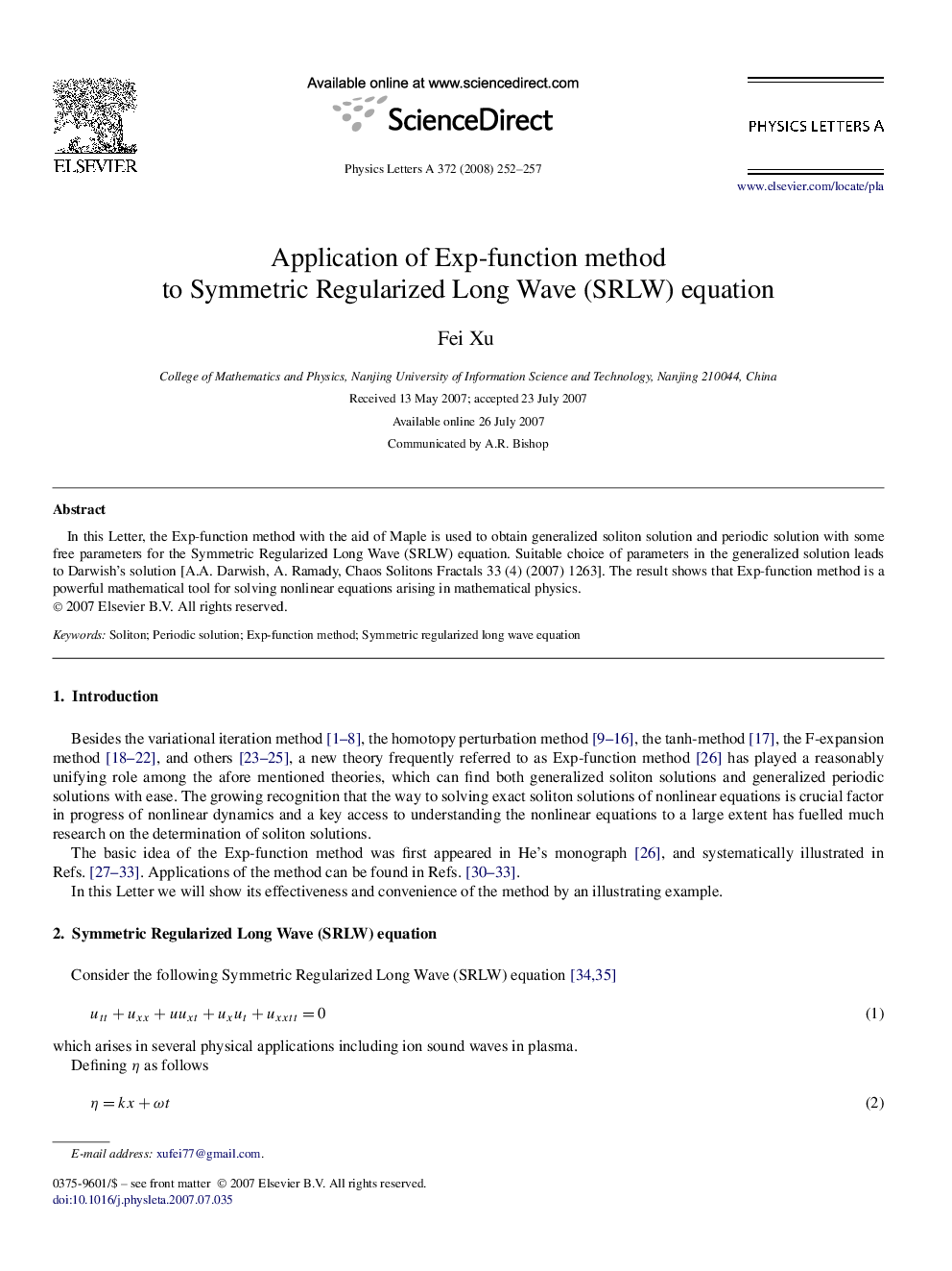 Application of Exp-function method to Symmetric Regularized Long Wave (SRLW) equation