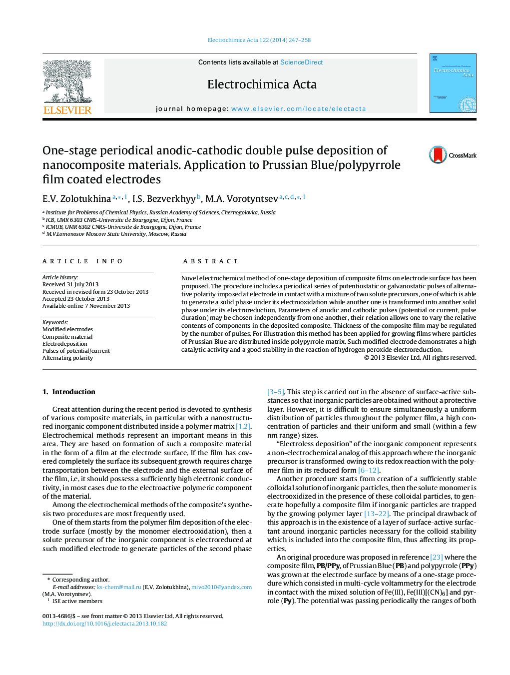 One-stage periodical anodic-cathodic double pulse deposition of nanocomposite materials. Application to Prussian Blue/polypyrrole film coated electrodes