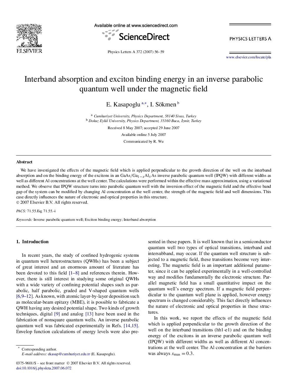 Interband absorption and exciton binding energy in an inverse parabolic quantum well under the magnetic field