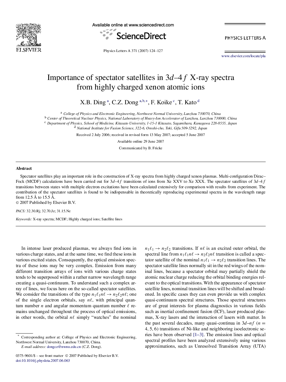 Importance of spectator satellites in 3d–4f3d–4f X-ray spectra from highly charged xenon atomic ions