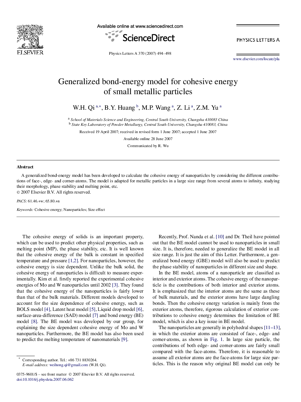 Generalized bond-energy model for cohesive energy of small metallic particles