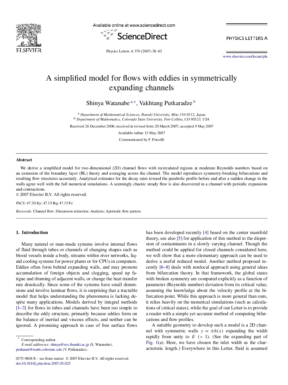 A simplified model for flows with eddies in symmetrically expanding channels