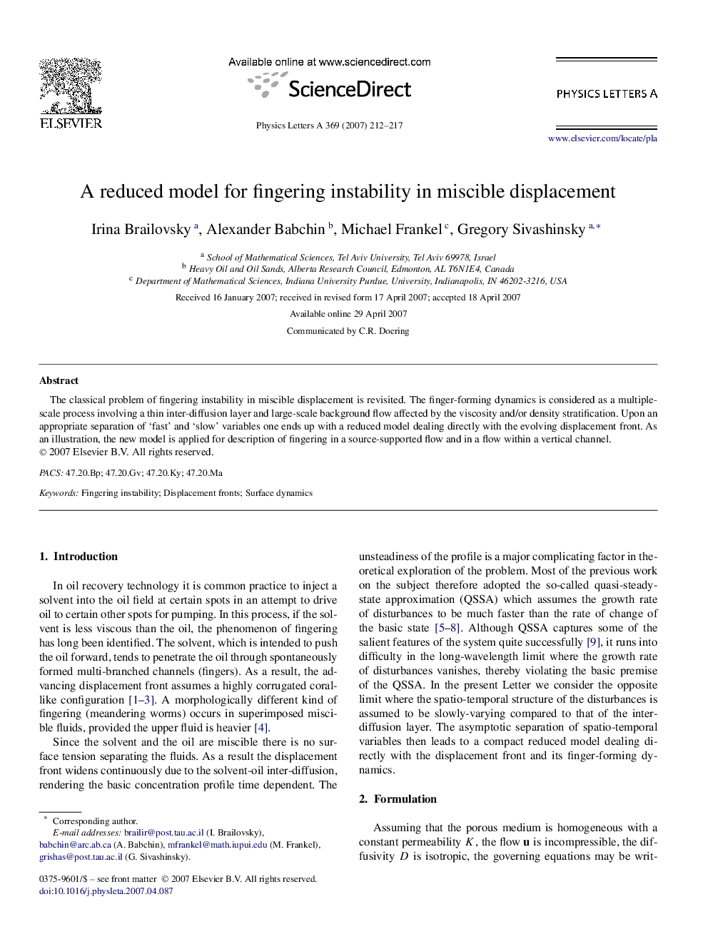 A reduced model for fingering instability in miscible displacement