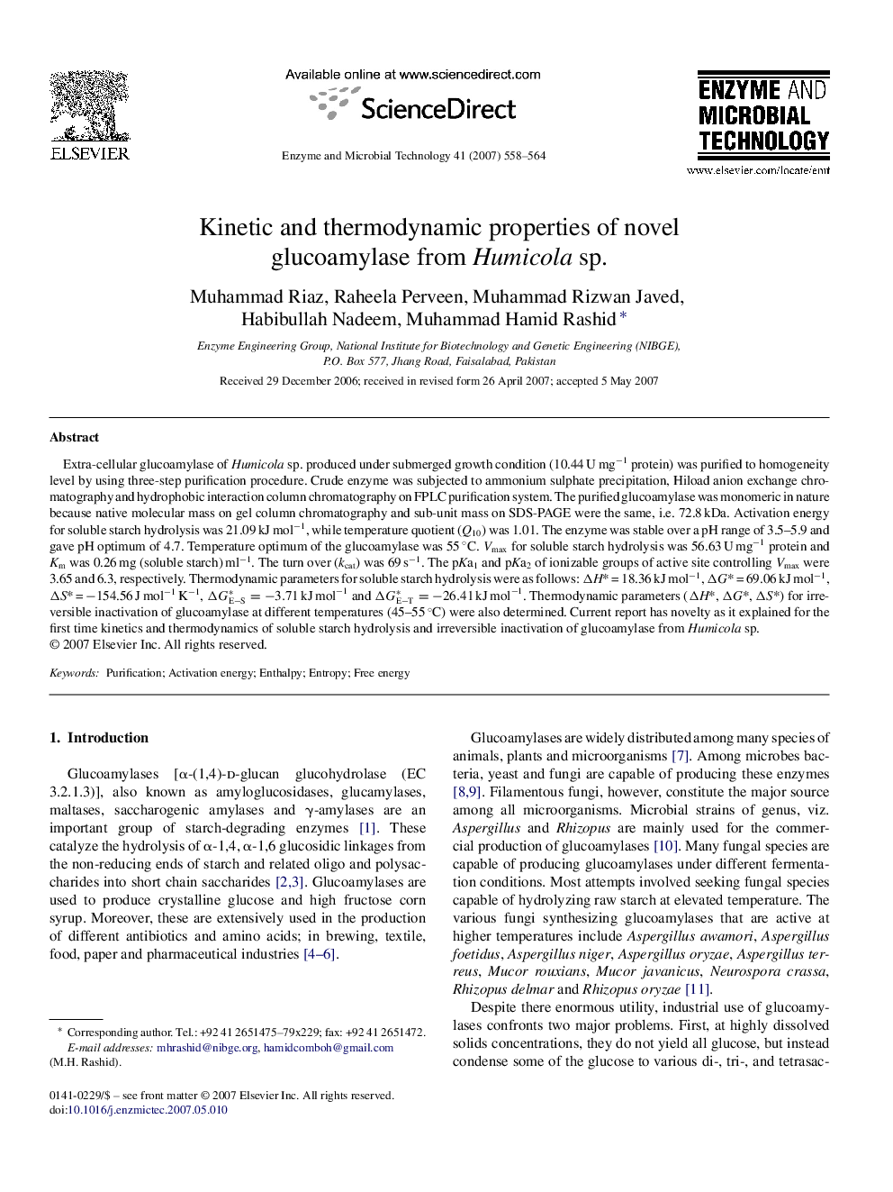 Kinetic and thermodynamic properties of novel glucoamylase from Humicola sp.