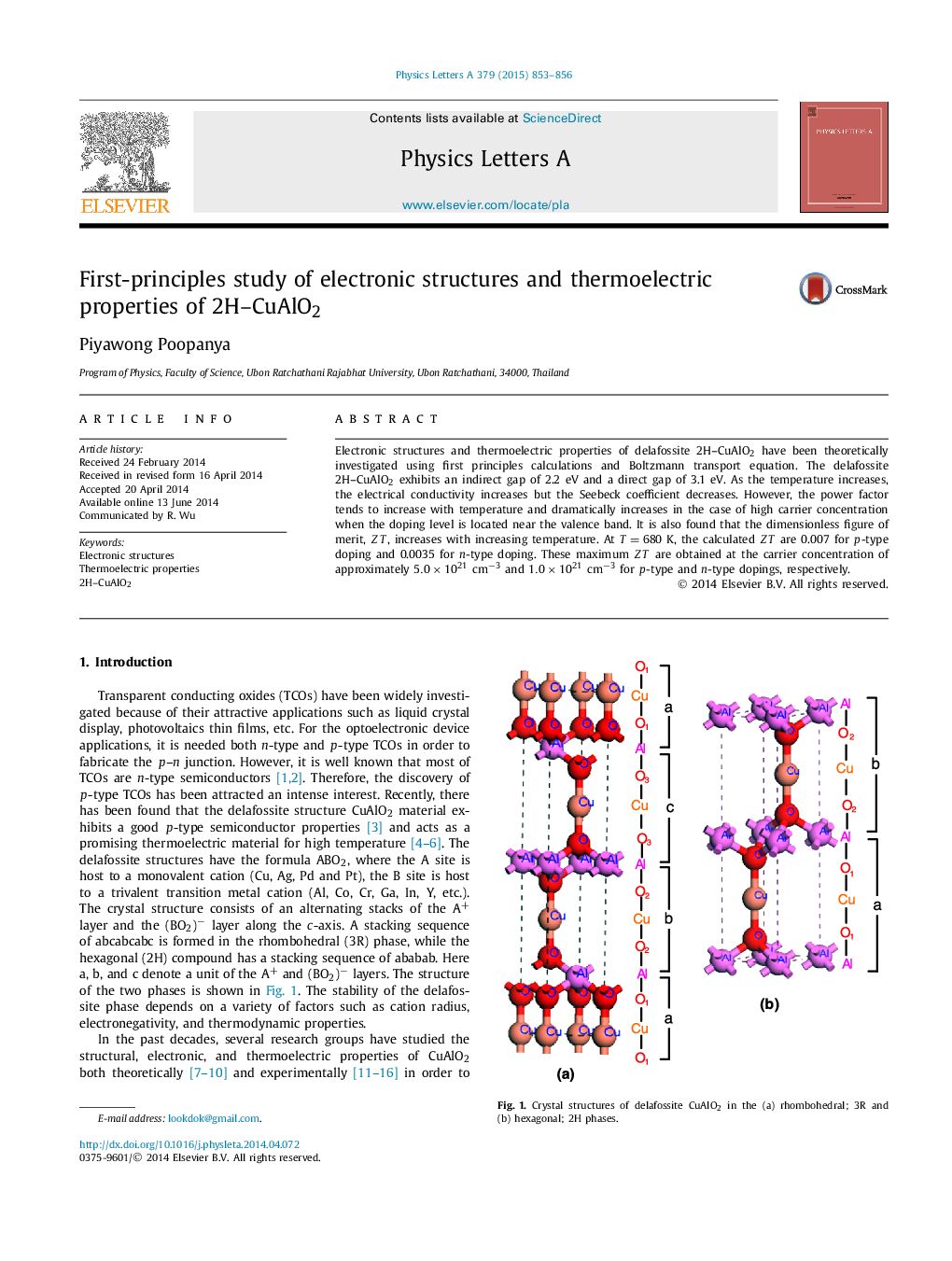 First-principles study of electronic structures and thermoelectric properties of 2H–CuAlO2