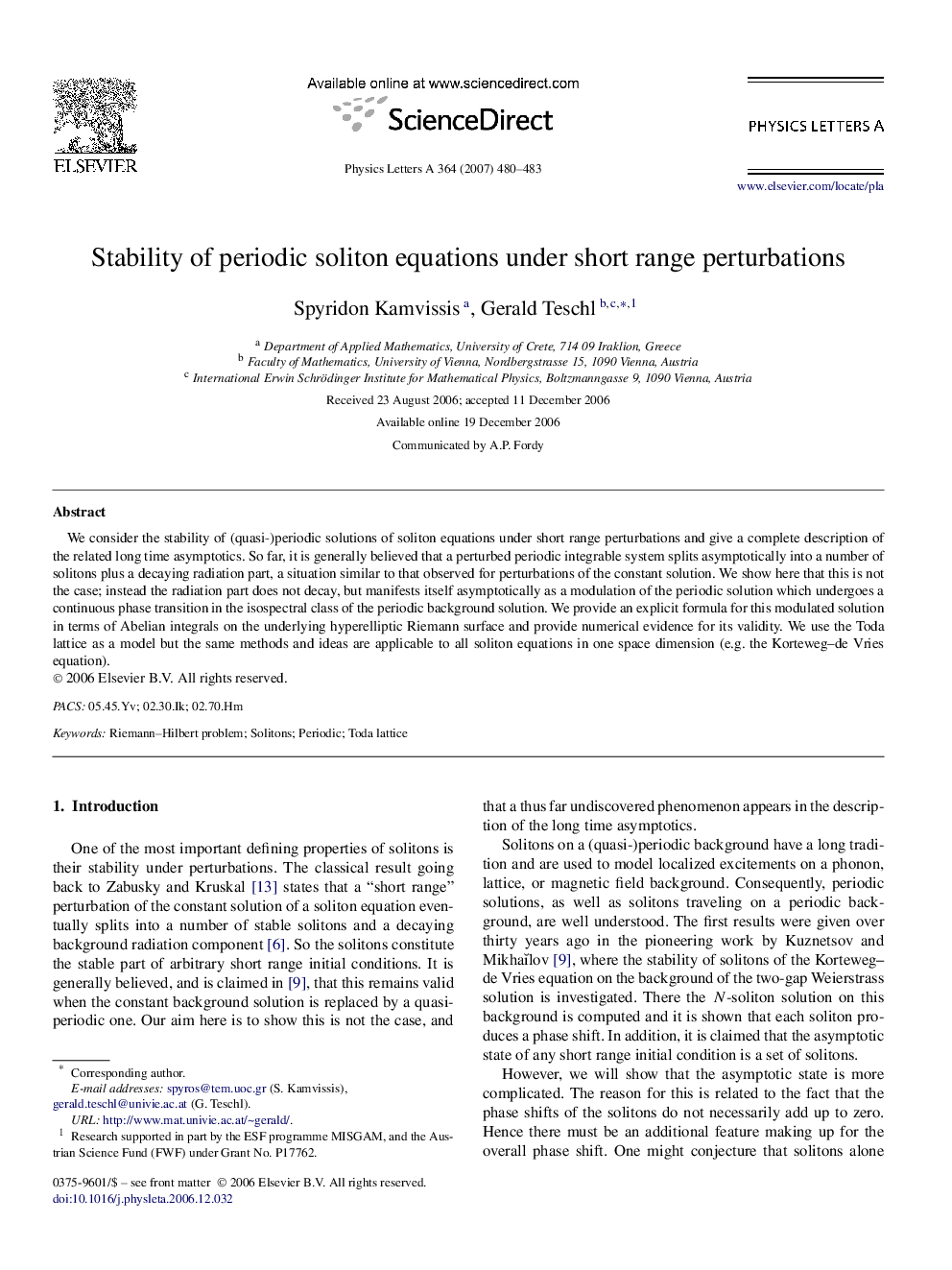 Stability of periodic soliton equations under short range perturbations