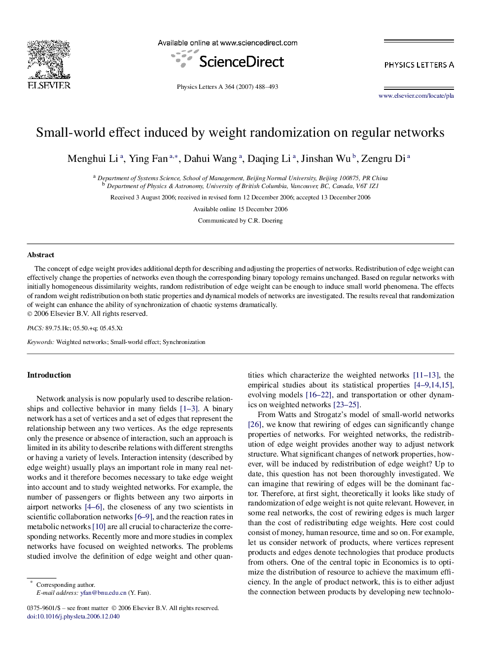 Small-world effect induced by weight randomization on regular networks