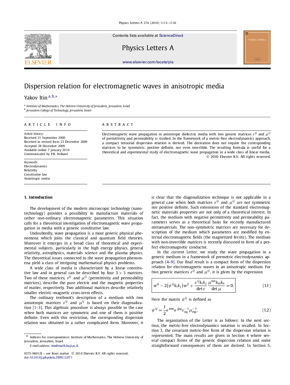 Dispersion relation for electromagnetic waves in anisotropic media