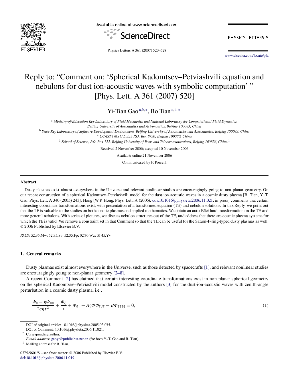 Reply to: “Comment on: ‘Spherical Kadomtsev–Petviashvili equation and nebulons for dust ion-acoustic waves with symbolic computation’ ” [Phys. Lett. A 361 (2007) 520]