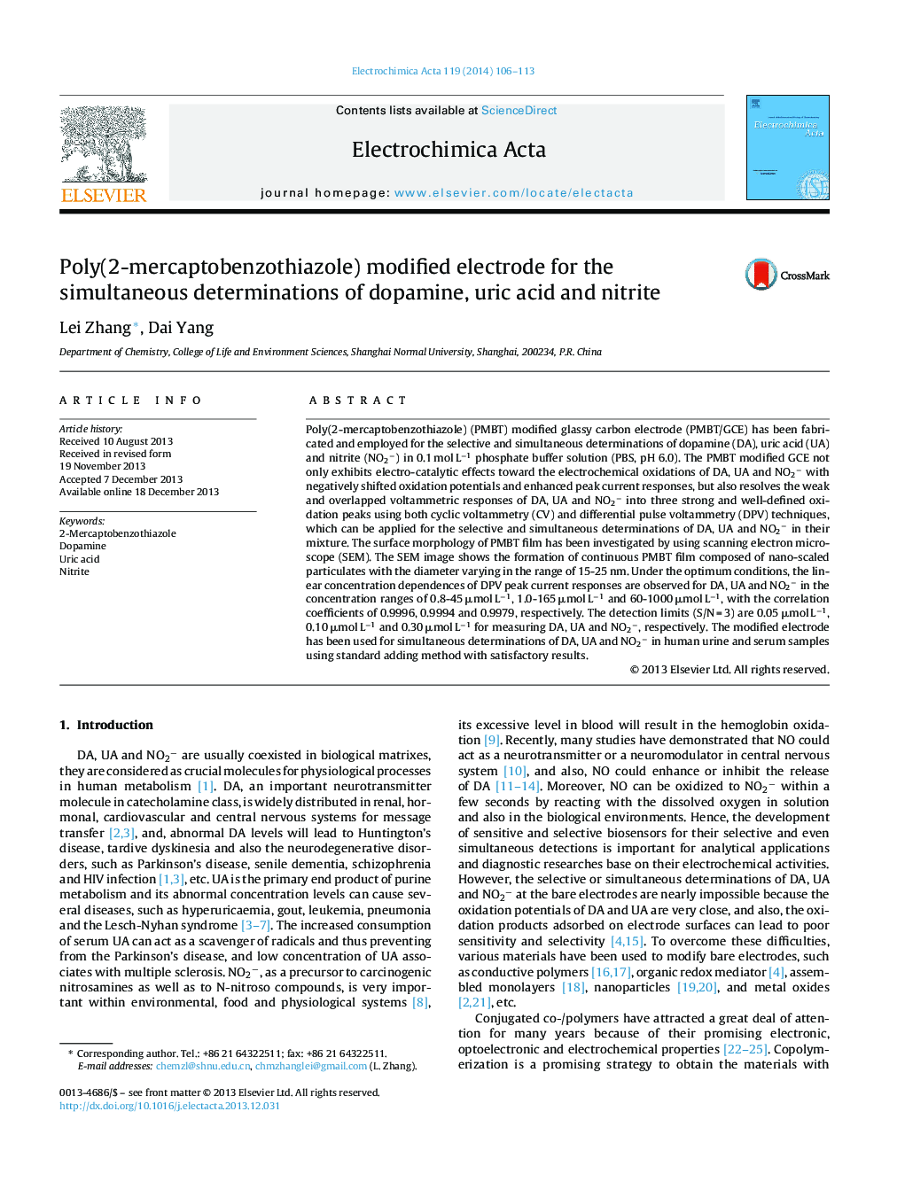 Poly(2-mercaptobenzothiazole) modified electrode for the simultaneous determinations of dopamine, uric acid and nitrite