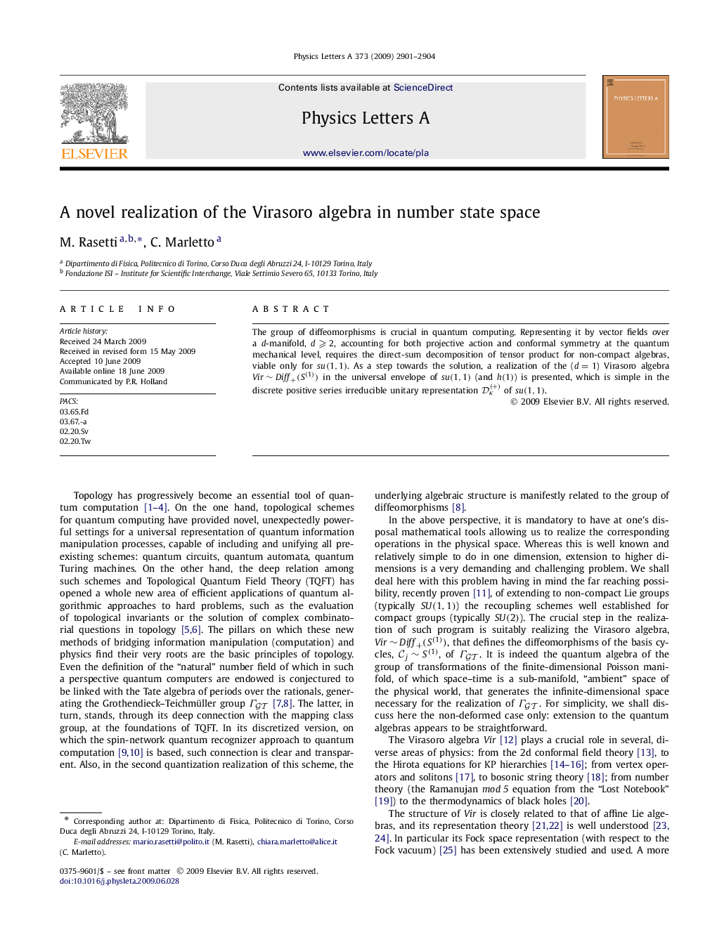 عکس صفحه اول مقاله: A novel realization of the Virasoro algebra in number state space A novel realization of the Virasoro algebra in number state space