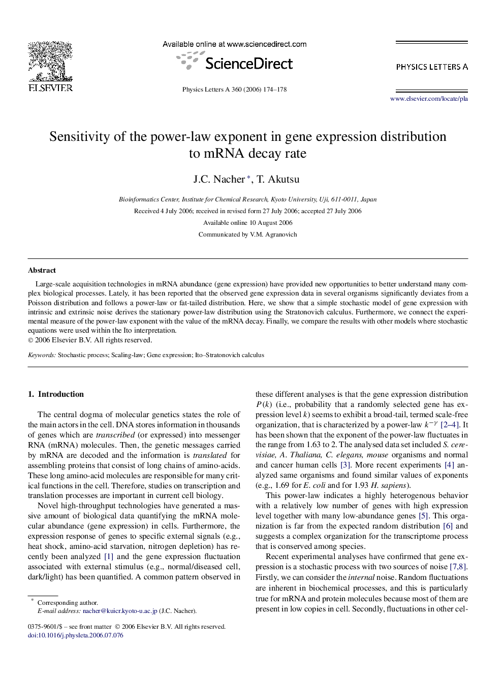 عکس صفحه اول مقاله: Sensitivity of the power-law exponent in gene expression distribution to mRNA decay rate Sensitivity of the power-law exponent in gene expression distribution to mRNA decay rate