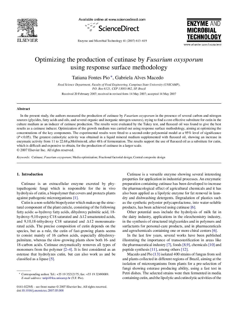 Optimizing the production of cutinase by Fusarium oxysporum using response surface methodology