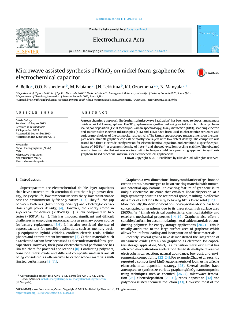 Microwave assisted synthesis of MnO2 on nickel foam-graphene for electrochemical capacitor